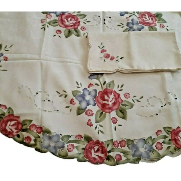 Vtg Hand Painted Tablecloth w Cutouts 8 Napkins Pink Roses Spring 70